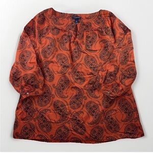 Lands' End Womens Top 100% Cotton Orange Blouse Size 18 Blue Paisley Lightweight